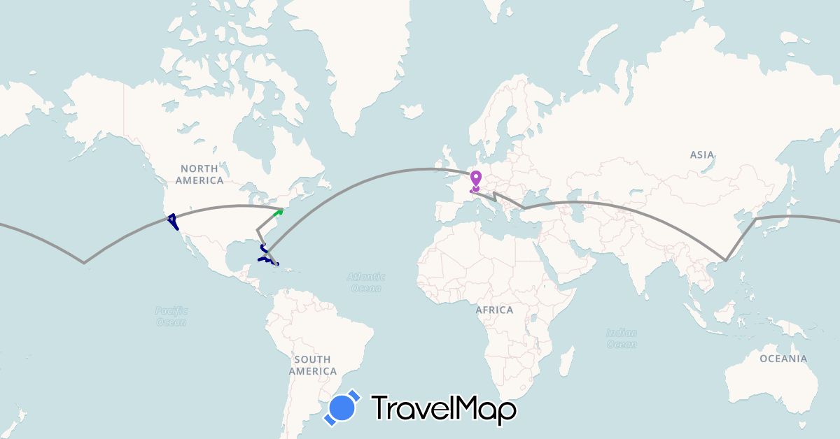 TravelMap itinerary: driving, bus, plane, train, boat in Switzerland, Cuba, Germany, Hong Kong, Croatia, South Korea, Turkey, United States (Asia, Europe, North America)